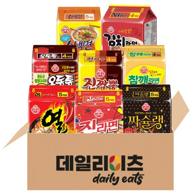 [데일리이츠] 오뚜기 봉지라면 8종 세트 (진라면매운맛5+진짬뽕4+열라면5+참깨라면4+오동통면4+스낵면5+짜슐랭4+김치라면4), 1세트
