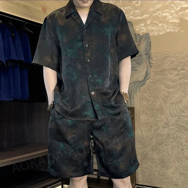 AOKADA 남성 여름 루즈핏 카라넥 얇은 통기성 반팔 셔츠 반바지 캐주얼 투피스 세트