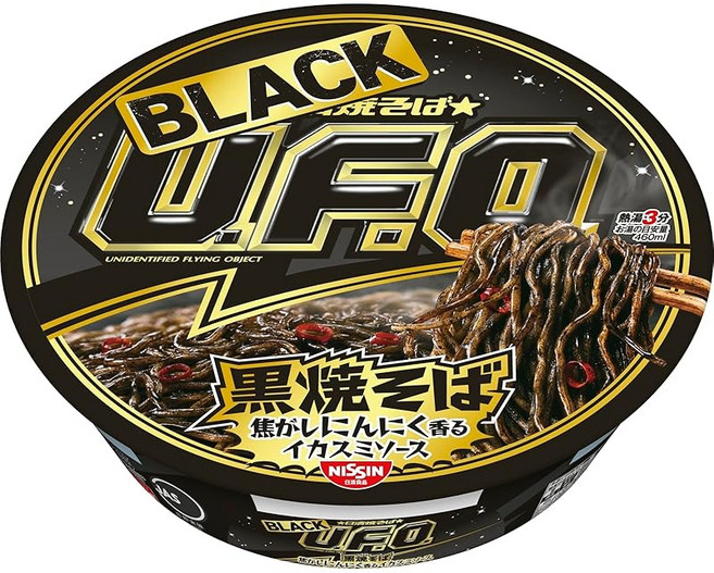 닛신 야키소바 BLACK U.F.O. 쿠로야키소바 구운 마늘 향이 나는 오징어채 소스 닛신식품 컵라면 100g×12개, 12개