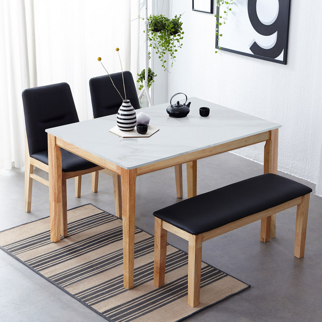 베스트리빙 루마니아 빈츠 포세린 12T 통세라믹 1200/1400 4인용 와이드 세라믹 식탁 테이블 세트/의자4개/의자2개+벤치형/4colors 2size, 의자2개+벤치의자1개형, 화이트세라믹/내츄럴(블랙)