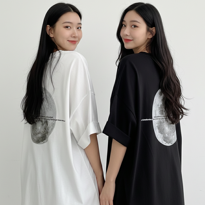 지디오 여성 빅사이즈 반팔 티셔츠 2개 세트 달 백프린팅 라운드넥 레터링 오버핏 반팔티