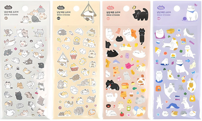 핑크풋 1500 냥냥 데코 스티커 4종 세트, 그레이, 옐로우, 핑크, 퍼플, 1세트