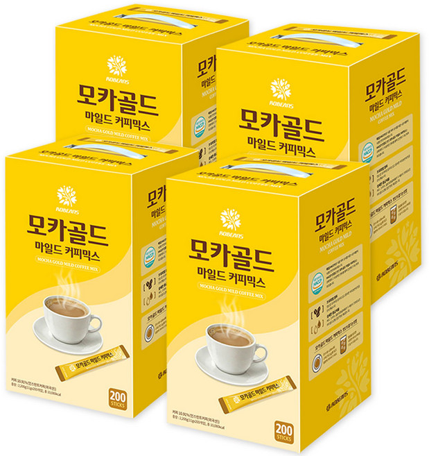 로빈스 모카골드 마일드 커피믹스 200T - 4개 / 대용량 커피믹스 일회용 커피믹스 스틱커피, 11g, 200개입