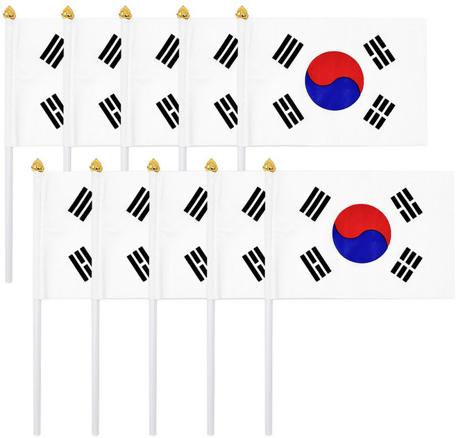 태극기 깃발 천 수기 10개 세트 - 국기 응원 손깃발 일체형 휴대용 군부대 행사 국경일 소형 태극기 월드컵 축구응원, 혼합색상
