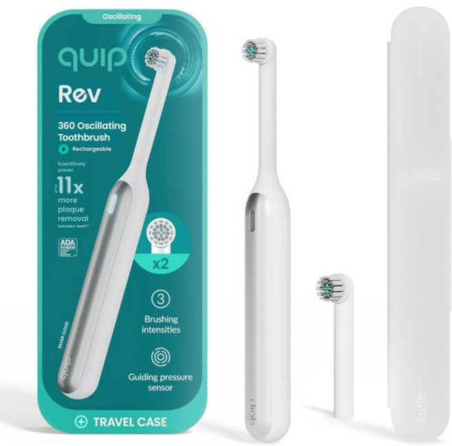 추가 브러시 헤드가 있는 Quip Rev 진동 충전식 전동 칫솔 부드러운 압력 센서 3가지 강도 30일 배터리 수명 2분 타이머 여행 케이스 미러 마운트 실버 클라우드