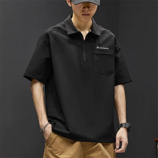 besteffie 클래식 운동 남성 여름 반팔 티셔츠 캐주얼 스타일 반지퍼 카라넥 포켓 장식 면혼방 남자 단톤 패션옷 K75