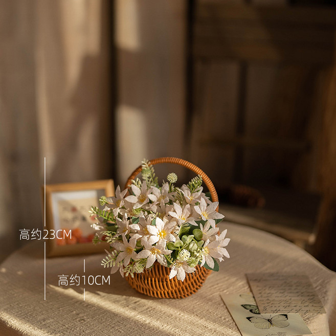 手工草編花籃 田園風客廳裝飾擺件插花籃, 1件, 韓式雪花小百合香檳色和23CM 手提橢圓花籃:1