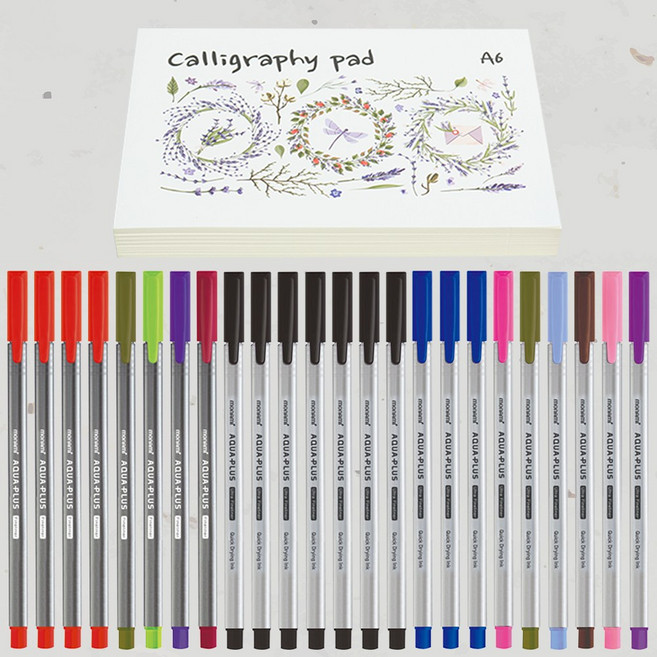 뮤즈 캘리그라피패드 A6 50매 1권 + 아쿠아플러스 수성펜 12색 + 흑6청3적3, 전체 시트, 1개