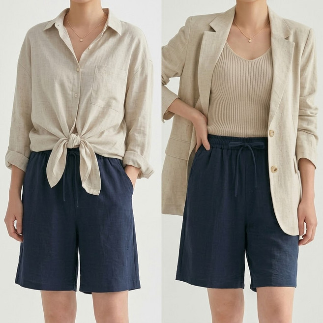 [1+1] B여성쿨인견5부반바지 여름 여자 시원한 와이드 밴딩 린넨 여리핏