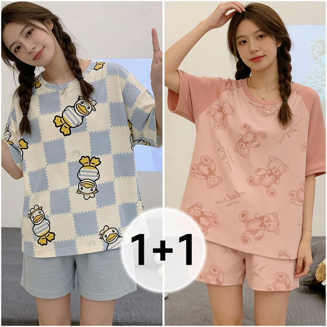 Flyaiku 1+1 여성 여름 잠옷세트 귀여운 캐릭터 반팔 반바지 홈웨어 파자마