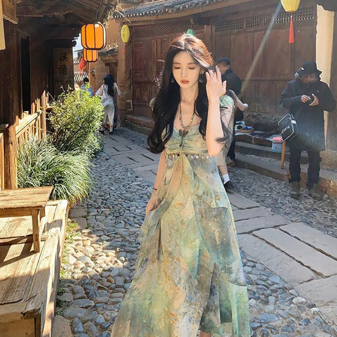 메이리앤 수채화 플라워 쉬폰 휴양지룩 바캉스 나시 롱 원피스