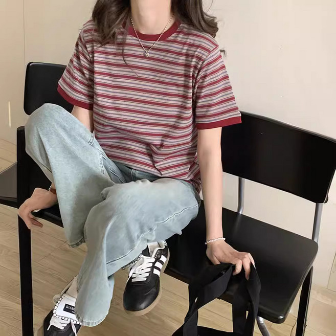 별맘 여성 스트레이프 반팔티 순면 빈티지티셔츠