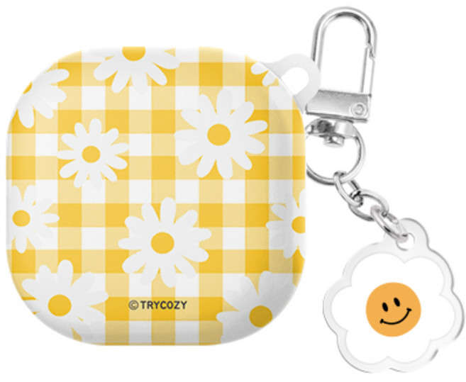 체크 스마일플라워 버즈라이브/버즈프로/버즈2/버즈2프로(공용) 하드 케이스 키링 세트, 옐로우
