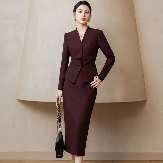 꽃소담 여성 노카라 슬림핏 정장자켓 h라인 스커트 투피스 세트 HZHF2083