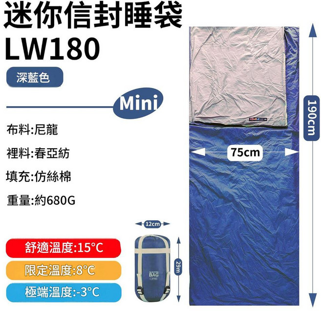 迷你 LW180 睡袋 尼龍材質 舒適溫度 15°C 露營野營適用, 藏青色 680g, 1個