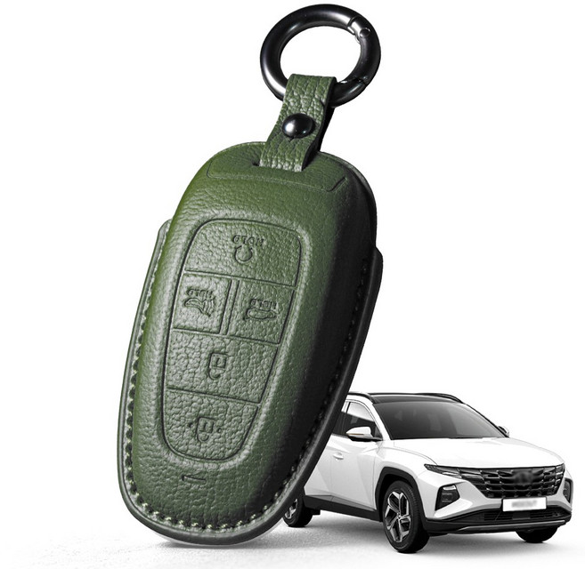 프리미엄 고급 산양가죽 스마트키케이스 / 현대 디 올 뉴 투싼 NX4 (2020.09-2023.12) 호환 / 키홀더 키커버 감성 키보호케이스, 5버튼, 그린