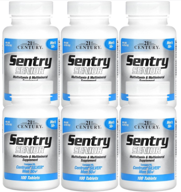 (6병) 21st Century 센트리 시니어 종합비타민 및 종합미네랄 보충제 50세 이상 남성용 100정, 6개