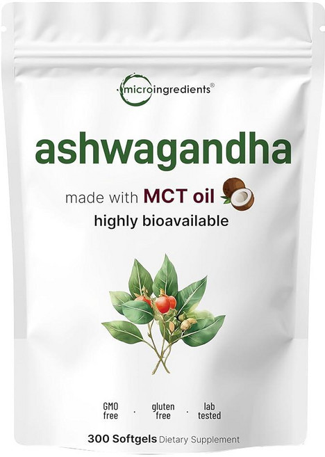 Micro Ingredients Ashwagandha 보충제 | 더 나은 흡수를 위한 흑후추 함유 코코넛 MCT 오일 소프트젤 300개 강력한 뿌리 추출물 GMO 프리, 1