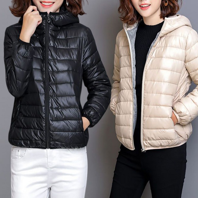 ROYALBELLE 여성 루즈핏 패션 경량 후드 지퍼 패딩 자켓 긴팔 점퍼 D00120102