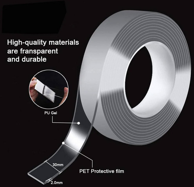 나노 양면 스티커 재사용 가능한 Traceless 나노 투명 자체 접착 스티커 빨 수있는 방수 양면 테이프, 1mm, width 10mm, length 5 meter, 1개