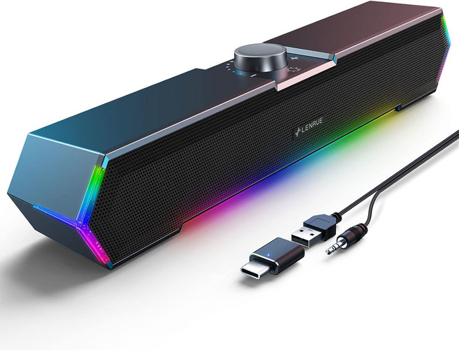 LENRUE G11 PC 컴퓨터 스피커 LED 터치 라이트 USB 유선 고음질 사운드바 노트북 데스크탑용, Black