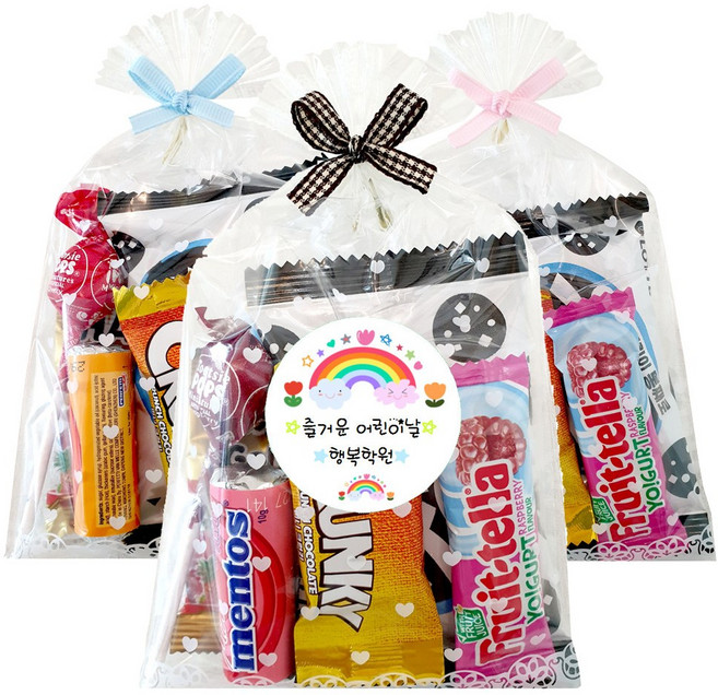 어린이날 크리스마스 수능 달콤한세상 과자선물세트 어린이집생일선물답례품 단체선물 어린이집선물 과자세트 간식 과자 꾸러미 구디백 단체간식 단체선물, 1개, A-1(하늘리본)7가지 구성