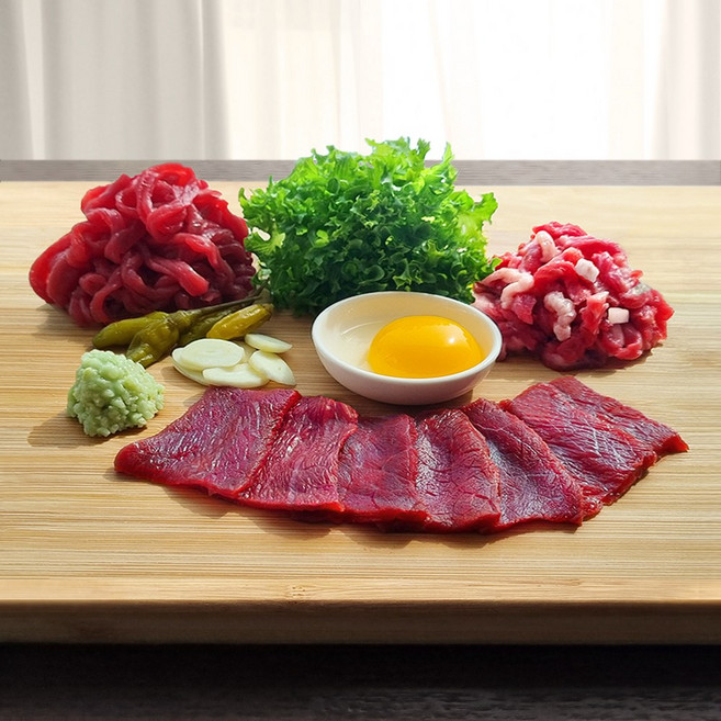 [내가고기] 모듬육회 600g (육회.육사시미. 차돌박이육회) + 육회소스 국내산 마장동 당일작업 썰어서 냉장, 1개