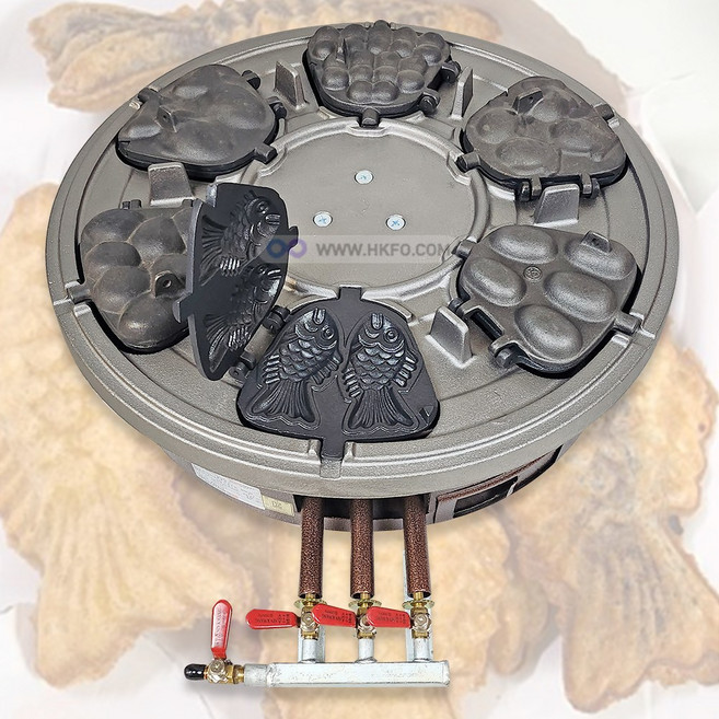 LPG용 가스식 국내산 주물 코팅 원형 붕어빵 미니붕어 호두 땅콩 계란 빵 기계 혼합 가능 6구 + 바람막이 진열대 세트, 붕어빵 6구 12p