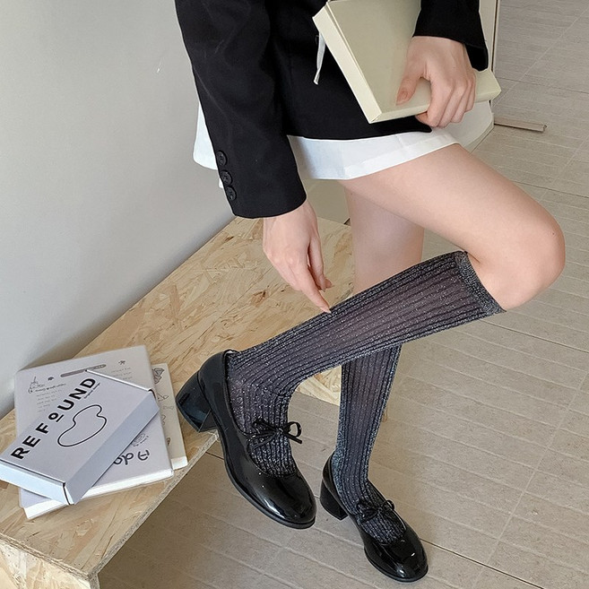 [반짝코디완성] 여성 니삭스 시스루 펄 골지 롱삭스 여름 글리터 무릎양말