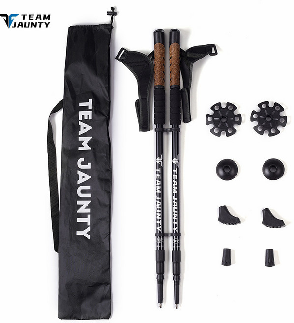 우드 손잡이 길이조절 알루미늄 등산스틱 2개, 검정색, 1세트