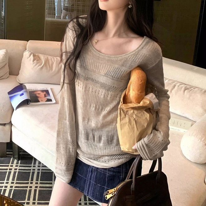 SOSISI 여성 데일리 펀칭 시스루 니트티 긴팔 DH1M20125