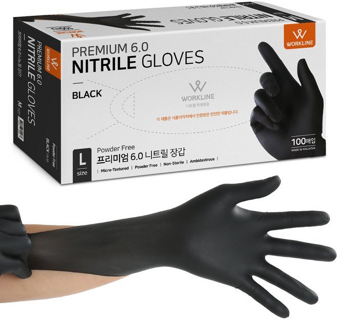 워크라인 프리미엄6.0 니트릴 장갑 100p, 블랙, L, 1개
