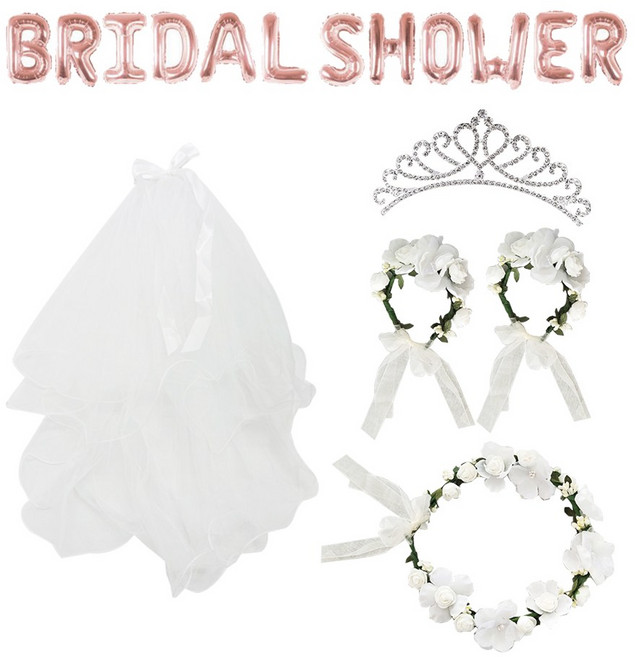 브라이덜 샤워 소품 웨딩 베일 면사포 화관 꽃팔찌 왕관 티아라 은박풍선 파티소품 셀프웨딩, 브라이덜샤워 세트(로즈골드)
