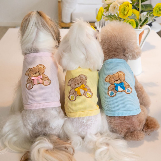 크림이네 테디 리본 슬리브리스 강아지 티셔츠 강아지 여름 테일리룩, 핑크, 1개