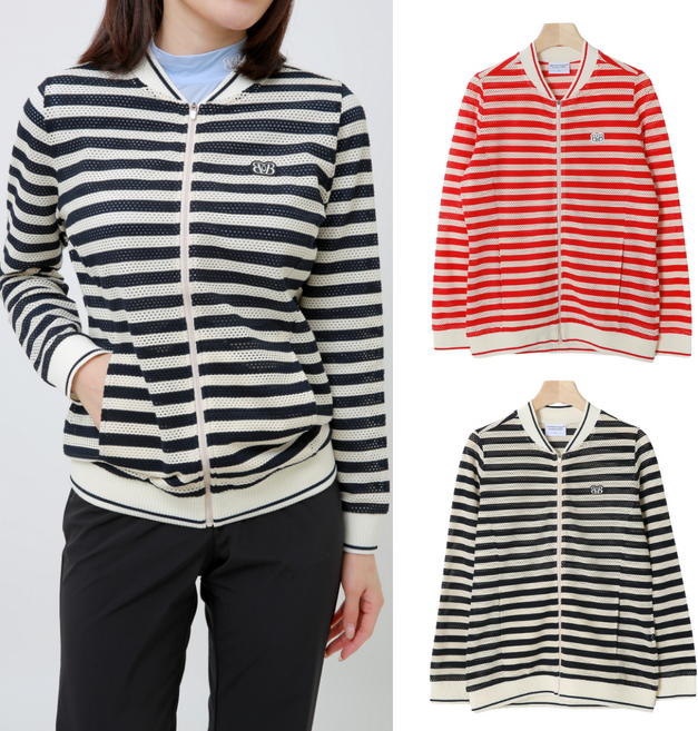 베러투데이 여성 타공 메쉬 스트라이프 가디건