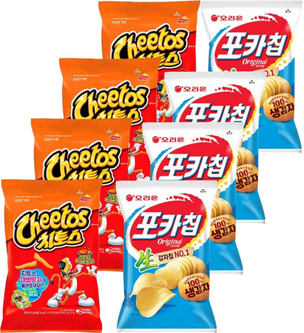 롯데 오리온 스낵모음 치토스 바베큐 82gx4개+포카칩 오리지널 66gx4개 (총8개), 82g
