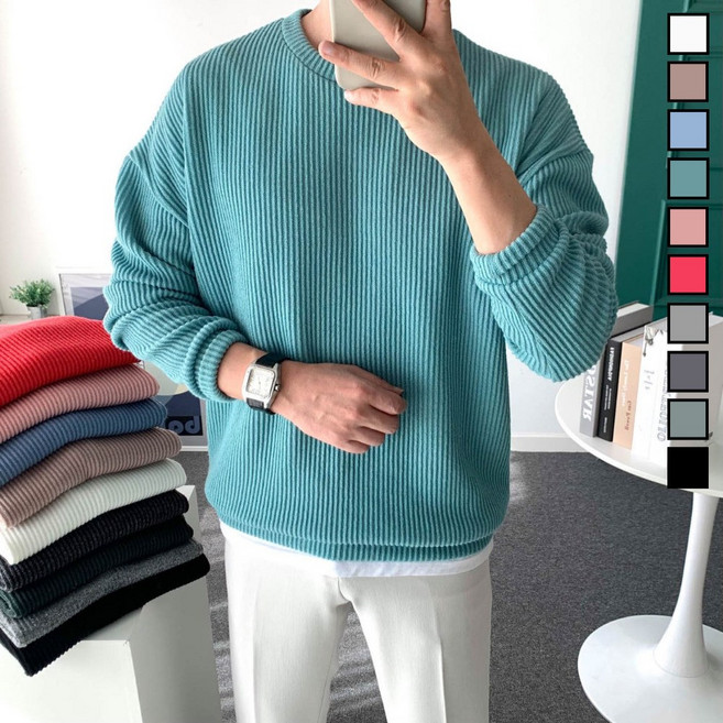 남자 봄 맨투맨 오버핏 골지 스판 니트 티셔츠