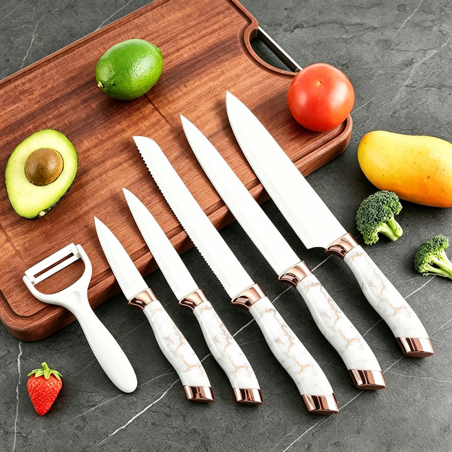 Skyciky 올스텐 6종 칼세트 과도 빵칼 생선칼 셰프나이프 채칼 다용도 주방칼, 흰색, 1세트