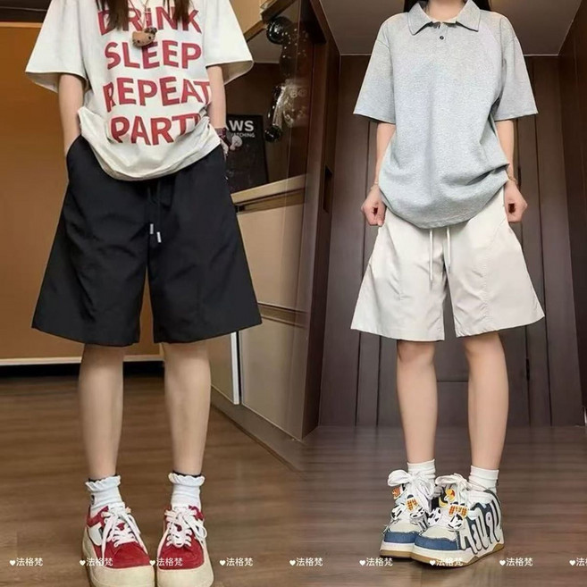 速干休閑運動五分褲 男女美式斜切設計, 1個, 米白色+黑色（2件裝）5XL（210-230斤）
