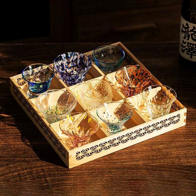 이자카야 술잔 트레이 일본식 나무 칸막이 쟁반 차 시음용 사케잔 상자 보관함 스시 소주잔 일식, C. 9칸