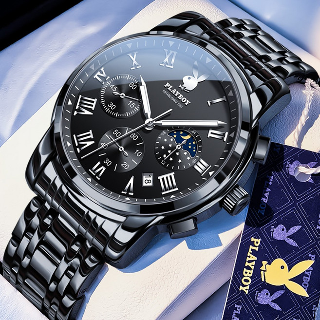PLAYBOY 플레이보이 남성 크로노그래프 손목시계 명품 디자인 방수 비즈니스 시계 데이트 기능 쿼츠 시계