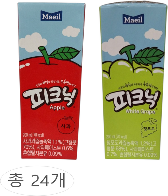 피크닉 과채음료 사과12팩+청포도12팩, 200ml, 1세트