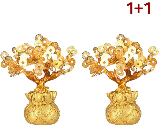 재물운 황금 돈나무 장식품 소 2개입 세트 인테리어 소품 금전수 복주머니 엽전 나무, 골드