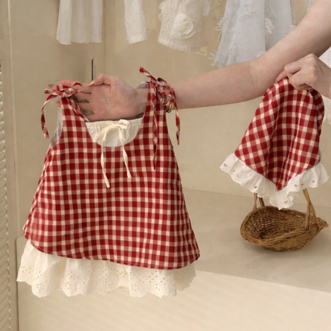 구빠방 아동 체크 레이어드 레이스 민소매 나시 원피스 헤어 두건 스카프 세트 투피스