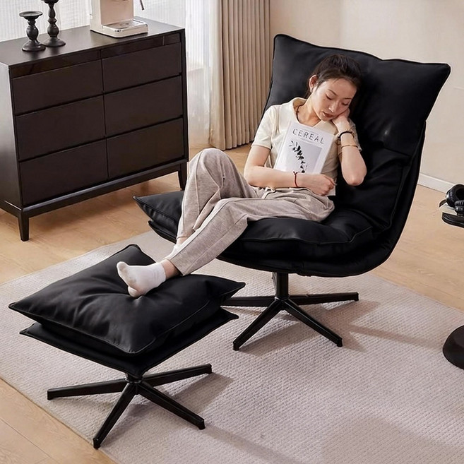 1인용 리클라이너 푹신 회전 소파 3단 각도조절 라운지쇼파 발 받침대 세트, 블랙