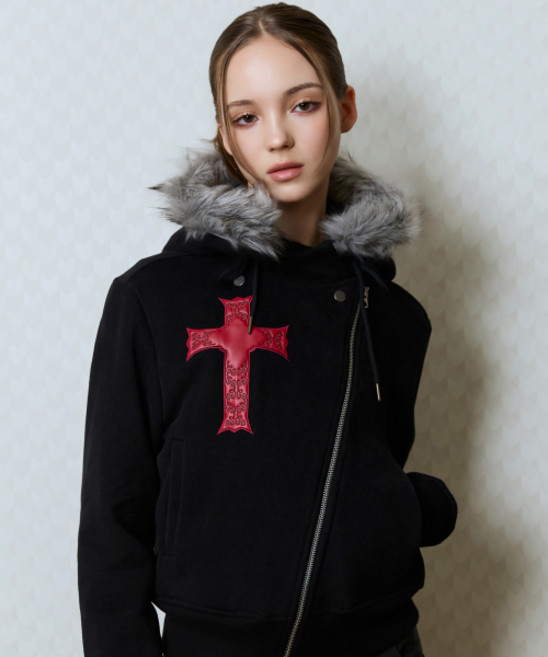 러브이즈트루 LUVISTRUE GT FUR UNBALANCE HOOD ZIP UP BLACK