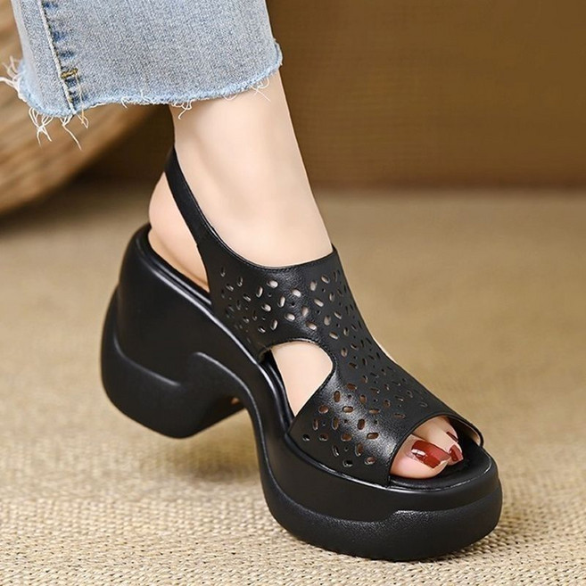 통굽 샌들 여성 여름 소프트 레더 오픈토 펀칭 컴포트 힐 샌들 7cm