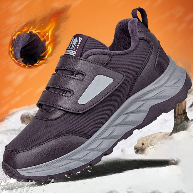 JUN ZUN 중년 어르신 방한화 남녀공용 기모 보온 워킹화 겨울 미끄럼방지 벨크로 부드러운 가죽 실버 운동화 A8210