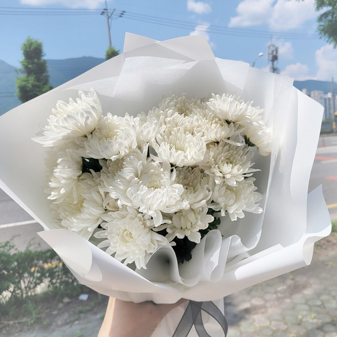 추석 성묘 국화 생화 꽃다발 성묘꽃 산소 납골당 꽃배달싼곳, 화이트소국꽃다발-한단