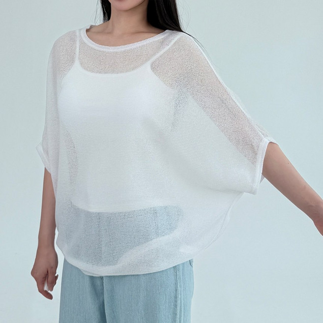 모던 시스루 가오리핏 레이어드 커버업 반팔 니트